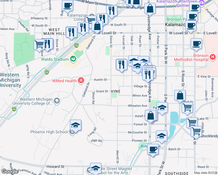 map of restaurants, bars, coffee shops, grocery stores, and more near 913 Austin Street in Kalamazoo