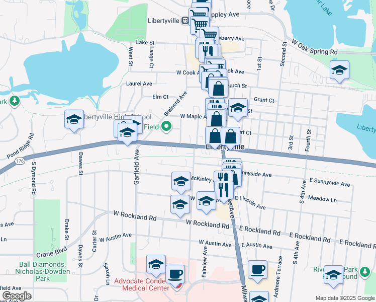 map of restaurants, bars, coffee shops, grocery stores, and more near 112 Douglas Avenue in Libertyville