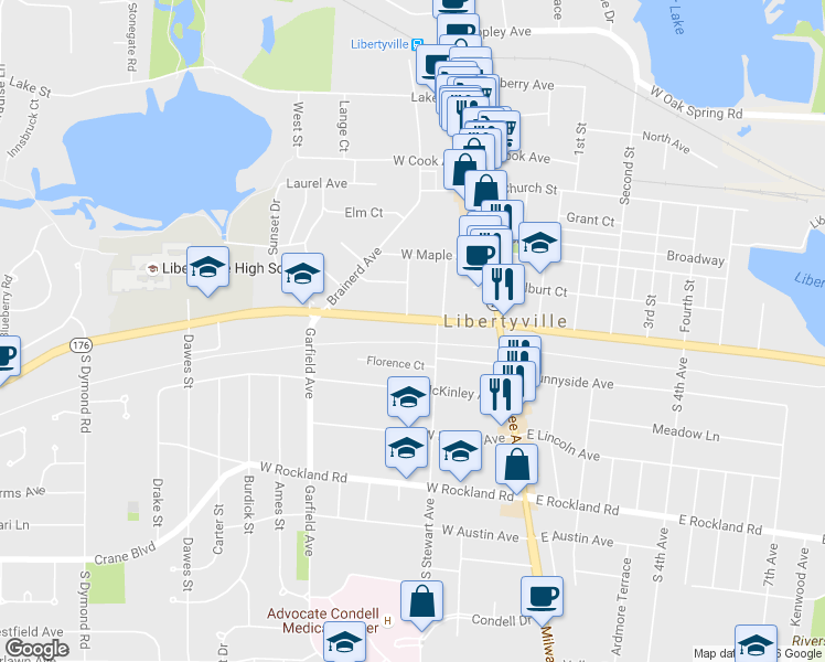 map of restaurants, bars, coffee shops, grocery stores, and more near 112 Douglas Avenue in Libertyville