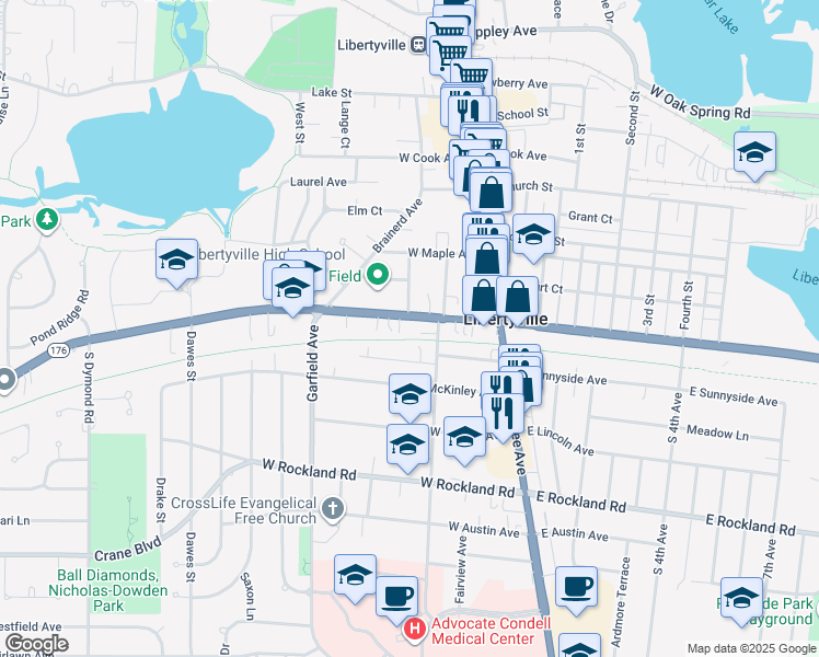 map of restaurants, bars, coffee shops, grocery stores, and more near 112 Douglas Avenue in Libertyville