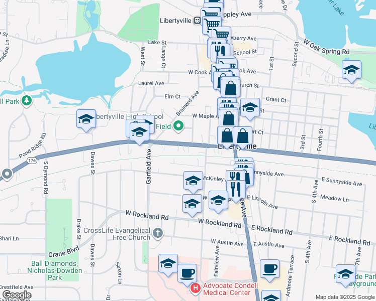 map of restaurants, bars, coffee shops, grocery stores, and more near 112 Douglas Avenue in Libertyville