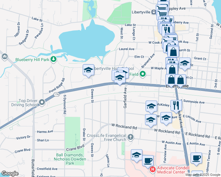 map of restaurants, bars, coffee shops, grocery stores, and more near 546 West Park Avenue in Libertyville