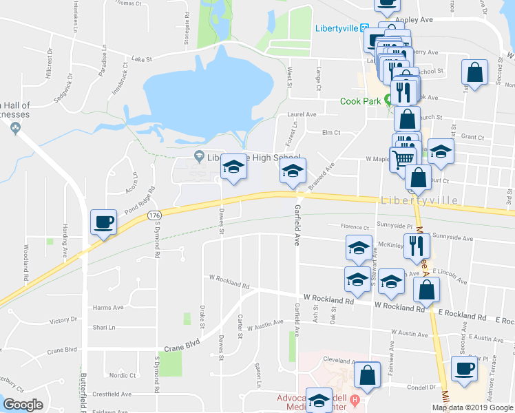 map of restaurants, bars, coffee shops, grocery stores, and more near 546 West Park Avenue in Libertyville