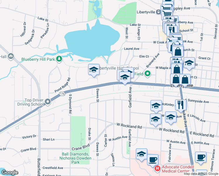 map of restaurants, bars, coffee shops, grocery stores, and more near 546 West Park Avenue in Libertyville