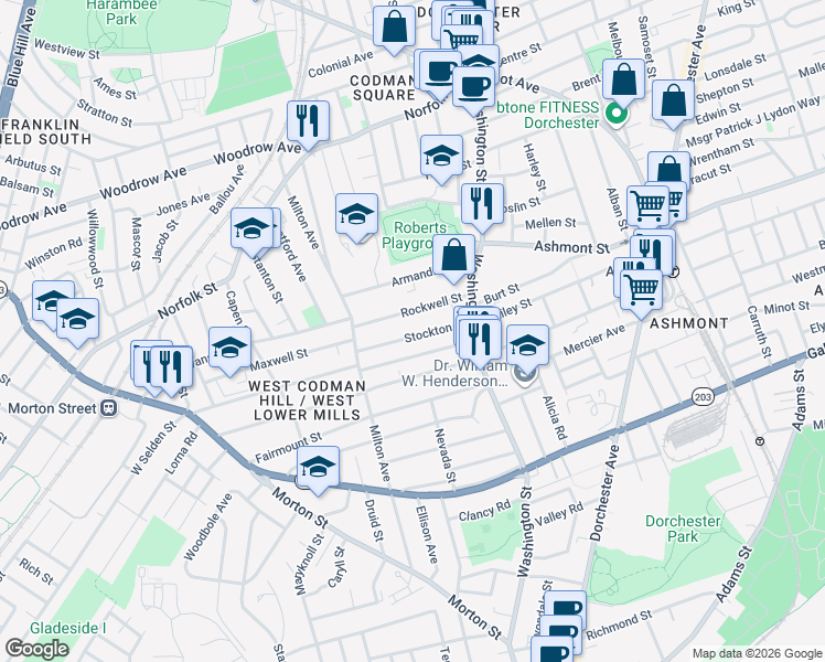 map of restaurants, bars, coffee shops, grocery stores, and more near 39 Rockwell Street in Boston
