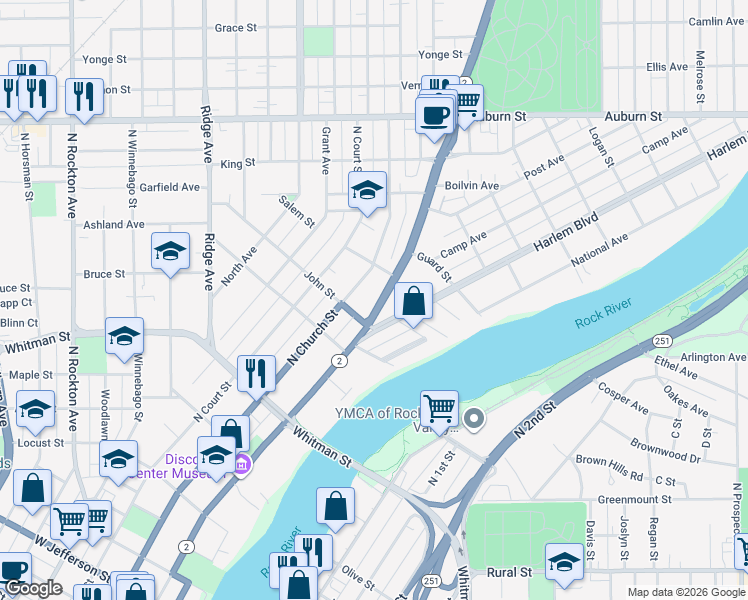 map of restaurants, bars, coffee shops, grocery stores, and more near 314 Salem Street in Rockford