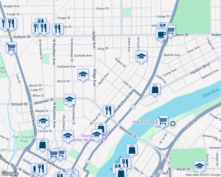 map of restaurants, bars, coffee shops, grocery stores, and more near 1011 Grant Avenue in Rockford