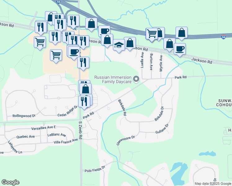 map of restaurants, bars, coffee shops, grocery stores, and more near 321 Hunters Trail in Ann Arbor
