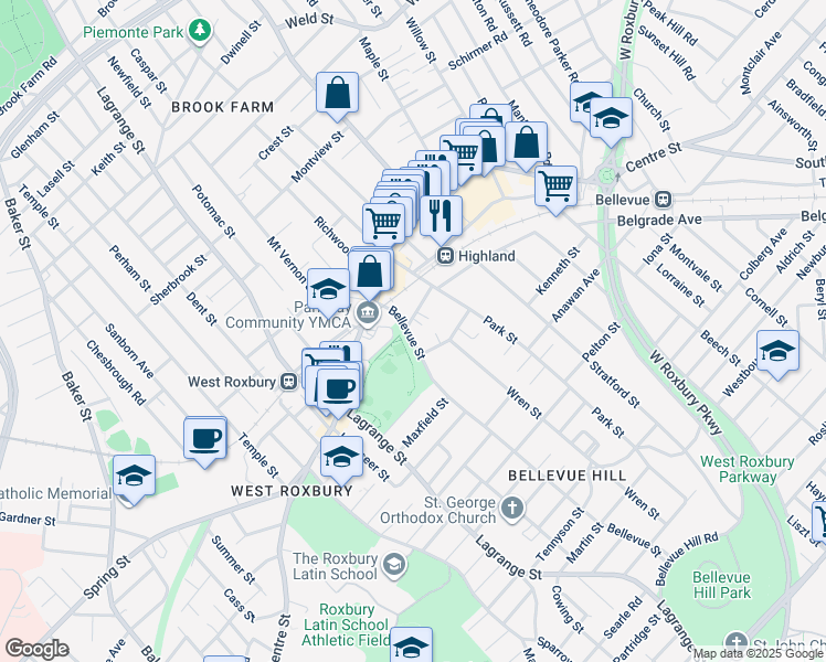map of restaurants, bars, coffee shops, grocery stores, and more near 25 March Avenue in Boston