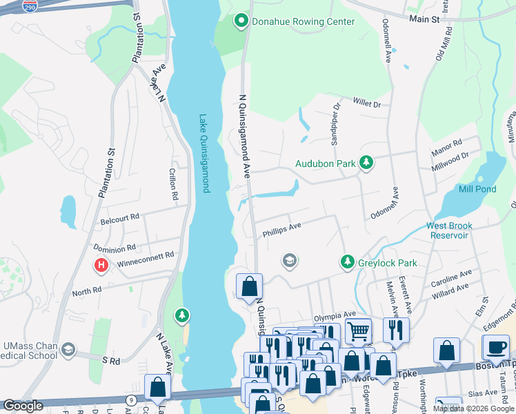 map of restaurants, bars, coffee shops, grocery stores, and more near 122A North Quinsigamond Avenue in Shrewsbury