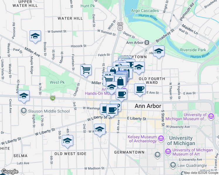 map of restaurants, bars, coffee shops, grocery stores, and more near 211 North Main Street in Ann Arbor