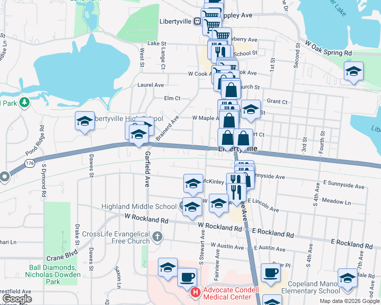 map of restaurants, bars, coffee shops, grocery stores, and more near 112 Douglas Avenue in Libertyville