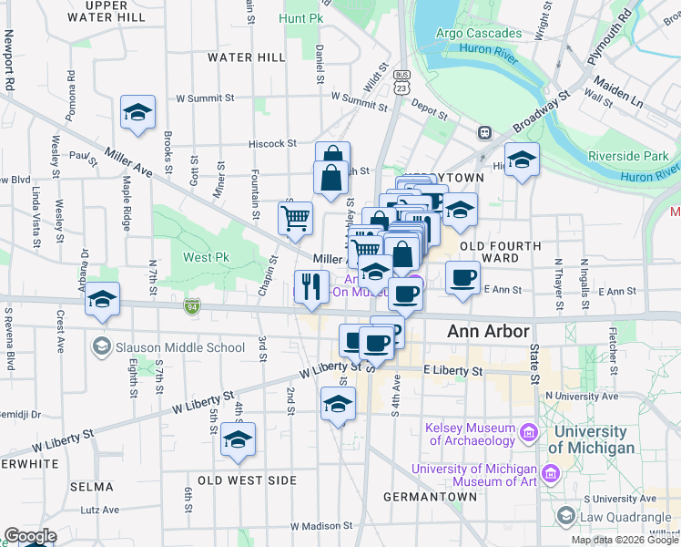 map of restaurants, bars, coffee shops, grocery stores, and more near 211 North Ashley Street in Ann Arbor