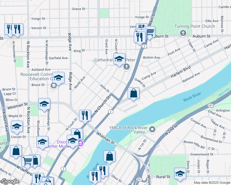 map of restaurants, bars, coffee shops, grocery stores, and more near 1111 North Church Street in Rockford