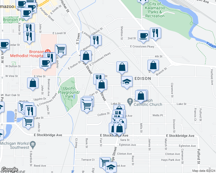 map of restaurants, bars, coffee shops, grocery stores, and more near 746 Jackson Street in Kalamazoo