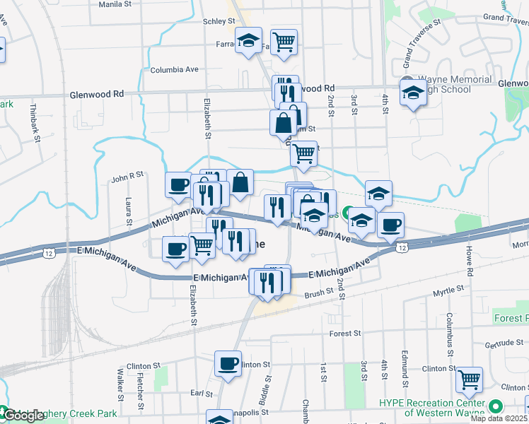 map of restaurants, bars, coffee shops, grocery stores, and more near 35200 Sims Street in Wayne