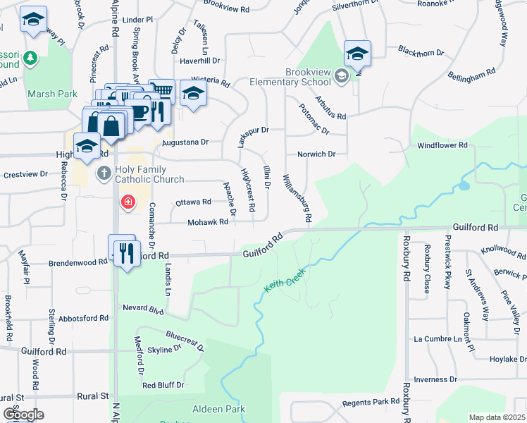 map of restaurants, bars, coffee shops, grocery stores, and more near 5110 Highcrest Road in Rockford
