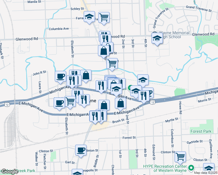 map of restaurants, bars, coffee shops, grocery stores, and more near in Wayne