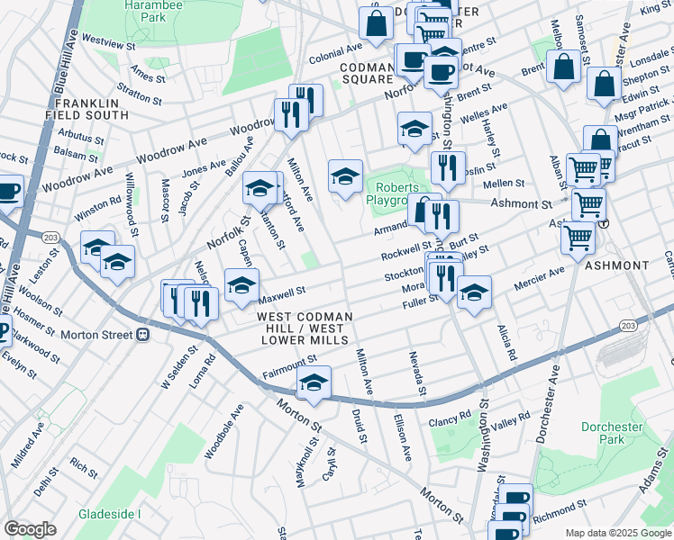 map of restaurants, bars, coffee shops, grocery stores, and more near 82 Milton Avenue in Boston