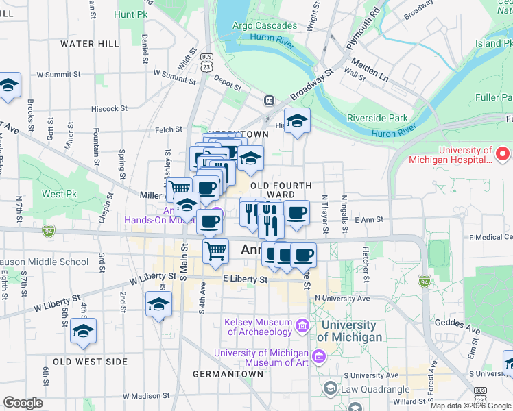 map of restaurants, bars, coffee shops, grocery stores, and more near 215 North Division Street in Ann Arbor
