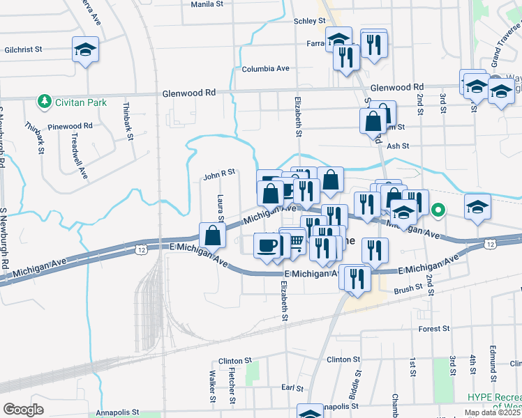 map of restaurants, bars, coffee shops, grocery stores, and more near 35700 Michigan Avenue in Wayne