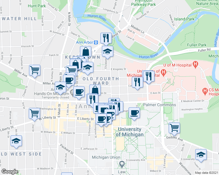 map of restaurants, bars, coffee shops, grocery stores, and more near 612 Catherine Street in Ann Arbor