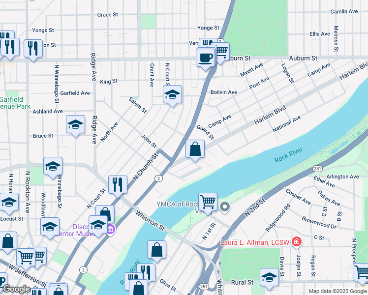 map of restaurants, bars, coffee shops, grocery stores, and more near 1133 North Main Street in Rockford