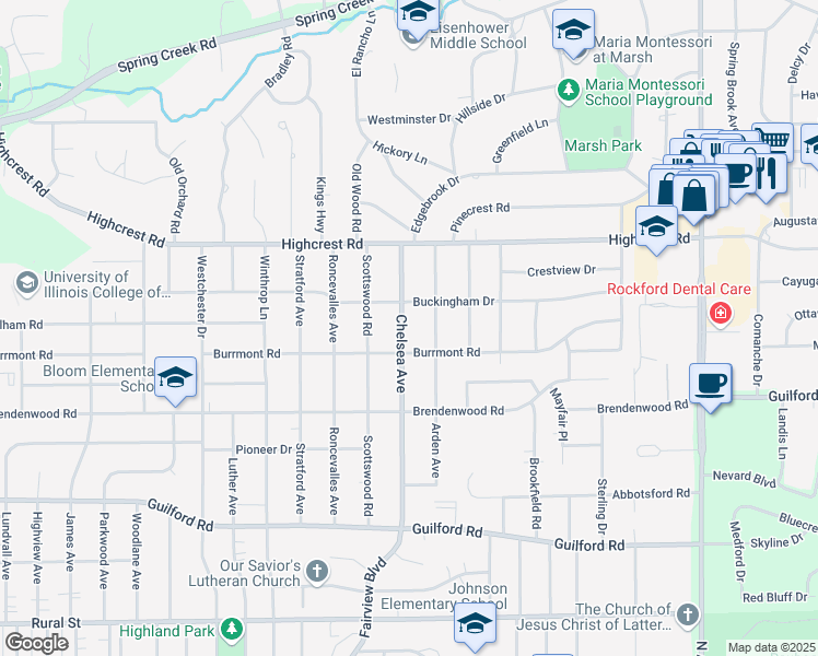 map of restaurants, bars, coffee shops, grocery stores, and more near 1521 Chelsea Avenue in Rockford