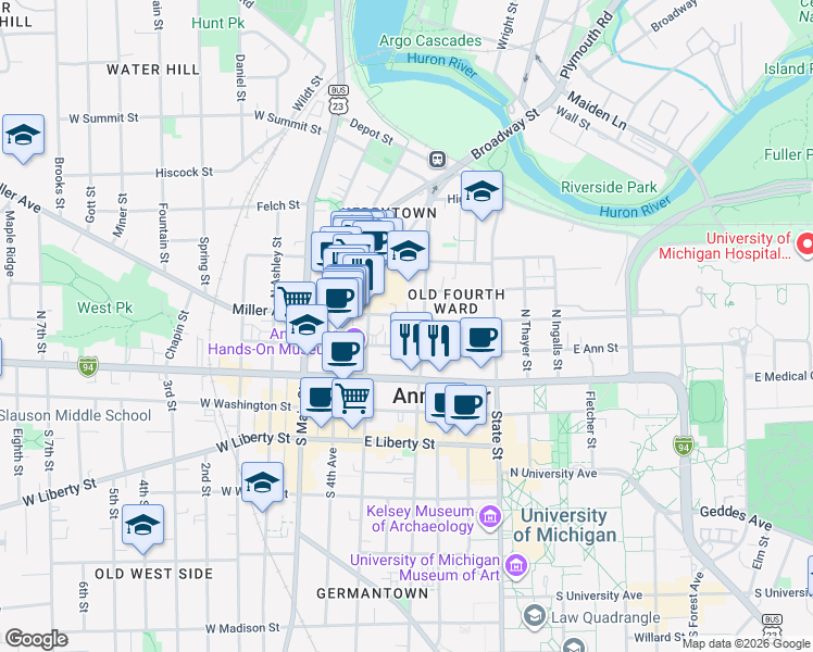 map of restaurants, bars, coffee shops, grocery stores, and more near 319 Catherine Street in Ann Arbor