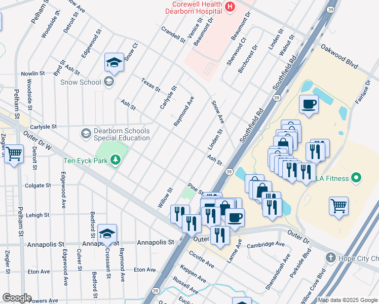 map of restaurants, bars, coffee shops, grocery stores, and more near 2666 Willow Street in Dearborn