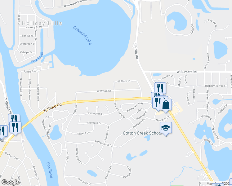 map of restaurants, bars, coffee shops, grocery stores, and more near 917 West Wood Street in McHenry