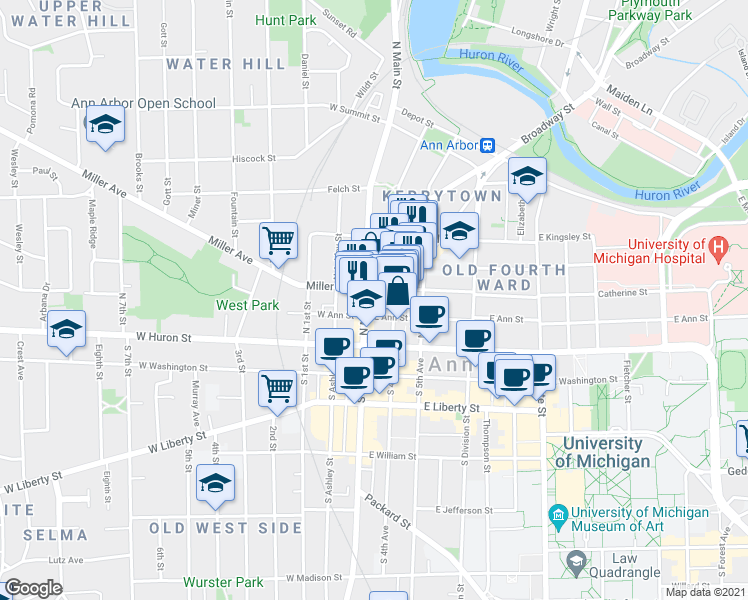 map of restaurants, bars, coffee shops, grocery stores, and more near 220 North Main Street in Ann Arbor