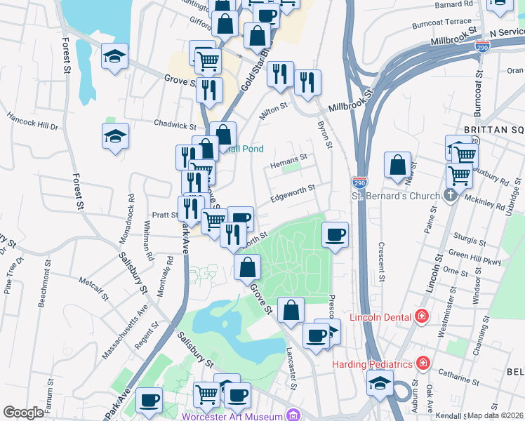 map of restaurants, bars, coffee shops, grocery stores, and more near 56 Edgeworth Street in Worcester