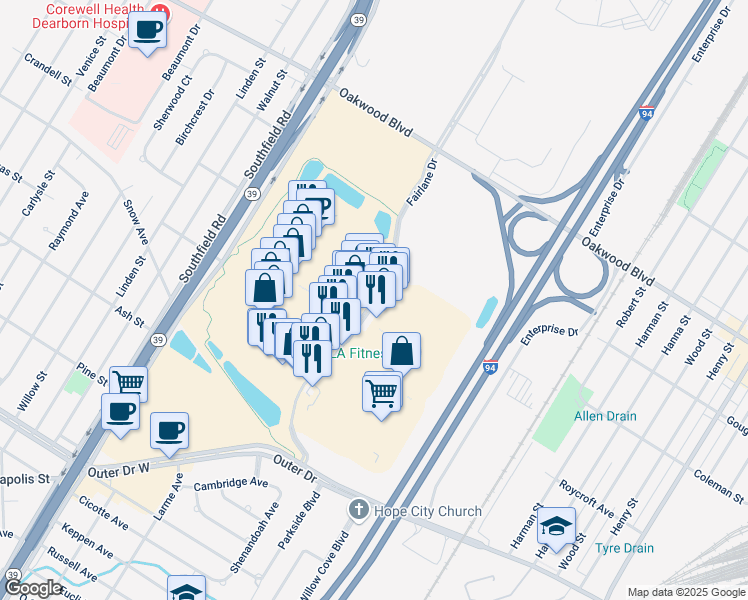 map of restaurants, bars, coffee shops, grocery stores, and more near 3100 Fairlane Drive in Allen Park
