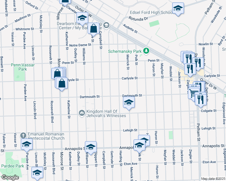 map of restaurants, bars, coffee shops, grocery stores, and more near 3730 Gertrude Street in Dearborn