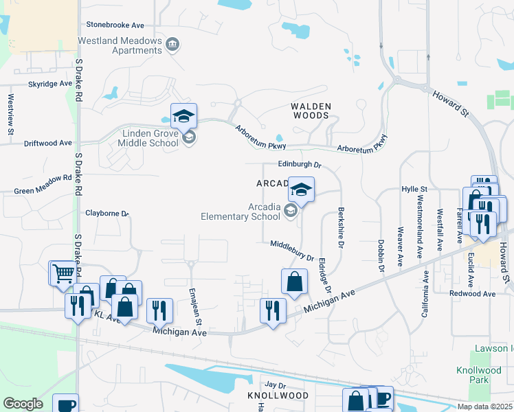map of restaurants, bars, coffee shops, grocery stores, and more near 908 Ellendale Street in Kalamazoo