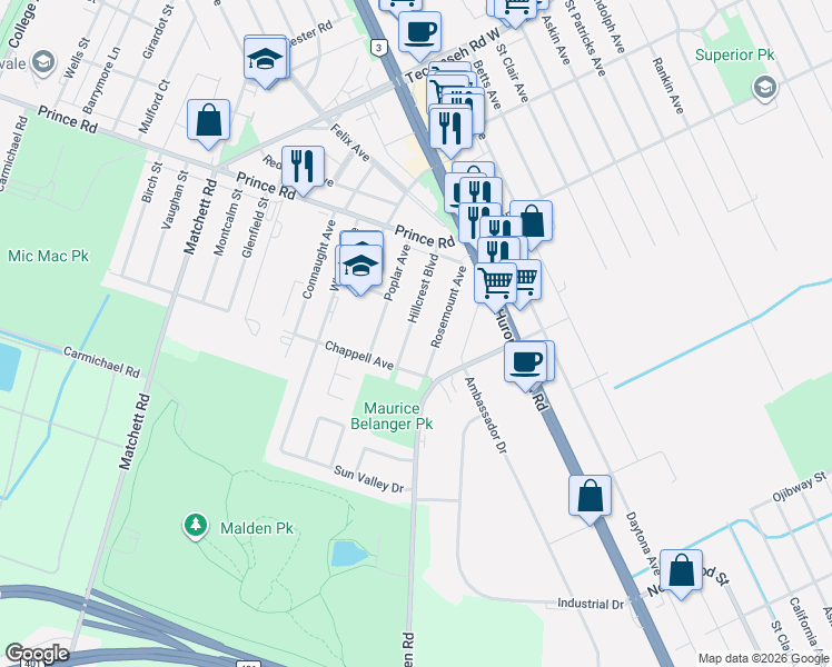 map of restaurants, bars, coffee shops, grocery stores, and more near 3843 Hillcrest Boulevard in Windsor