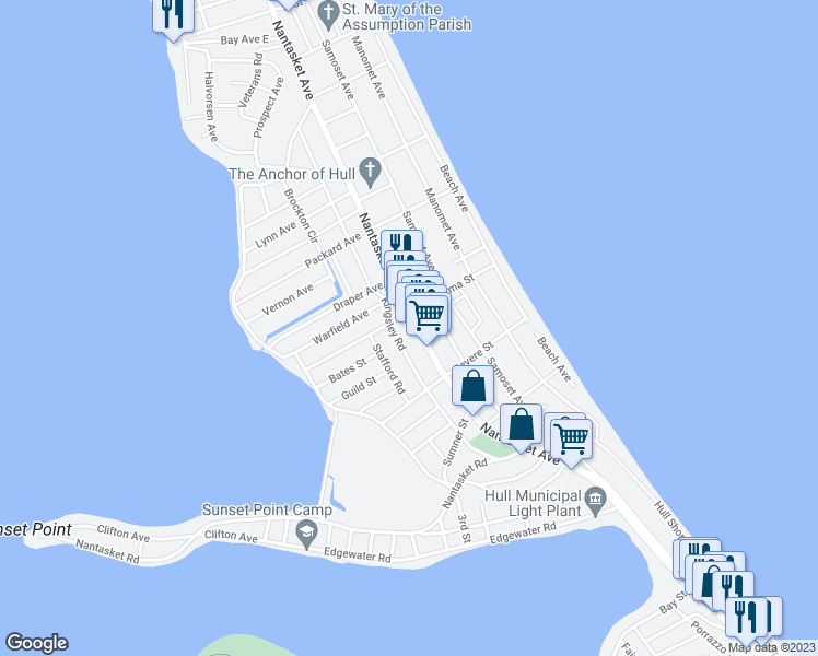 map of restaurants, bars, coffee shops, grocery stores, and more near 126r Kenberma Street in Hull