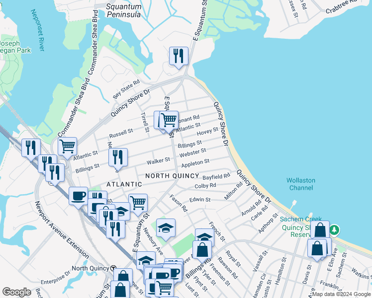 map of restaurants, bars, coffee shops, grocery stores, and more near 3 Hovey Street in Quincy
