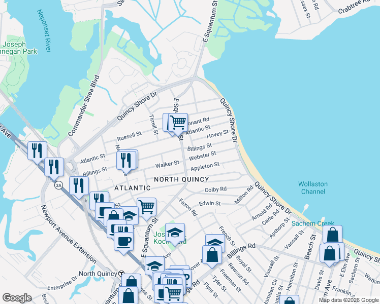 map of restaurants, bars, coffee shops, grocery stores, and more near 3 Hovey Street in Quincy