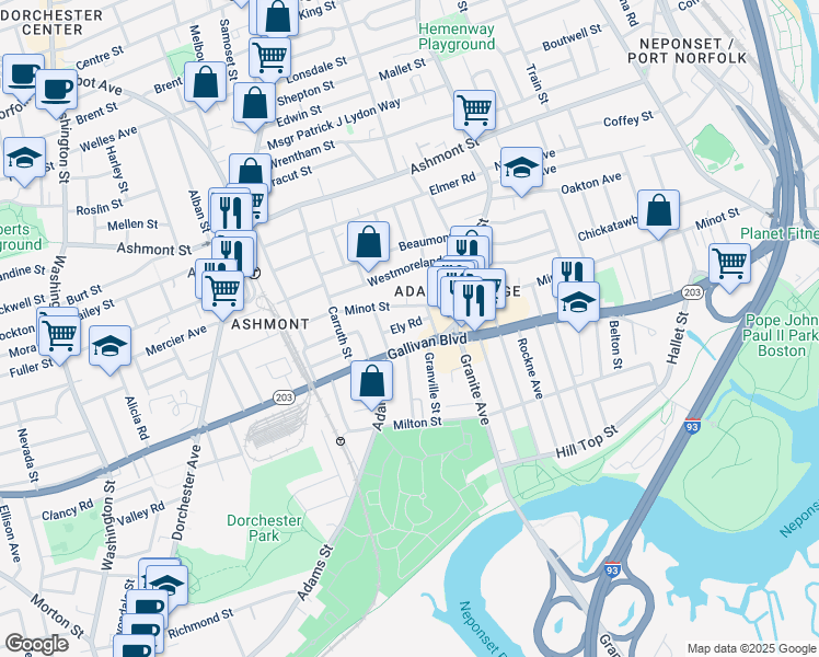 map of restaurants, bars, coffee shops, grocery stores, and more near 260 Minot Street in Boston