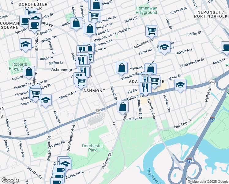 map of restaurants, bars, coffee shops, grocery stores, and more near 41 Carruth Street in Boston