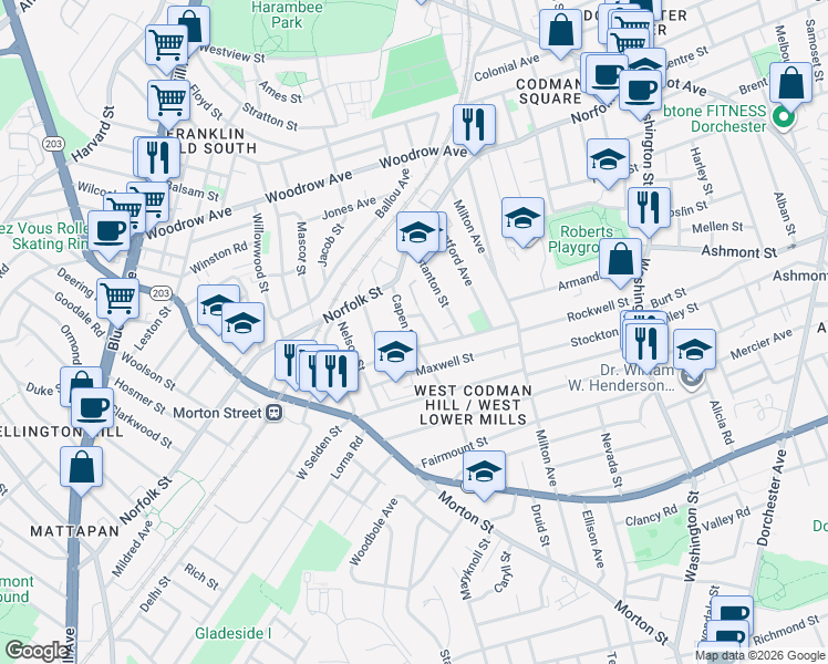 map of restaurants, bars, coffee shops, grocery stores, and more near 12 Capen Street in Boston