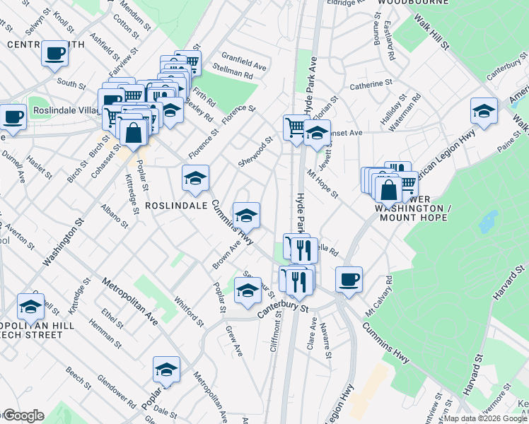 map of restaurants, bars, coffee shops, grocery stores, and more near 119 Brown Avenue in Boston
