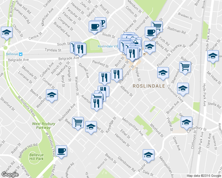 map of restaurants, bars, coffee shops, grocery stores, and more near 7 Filomena Road in Boston