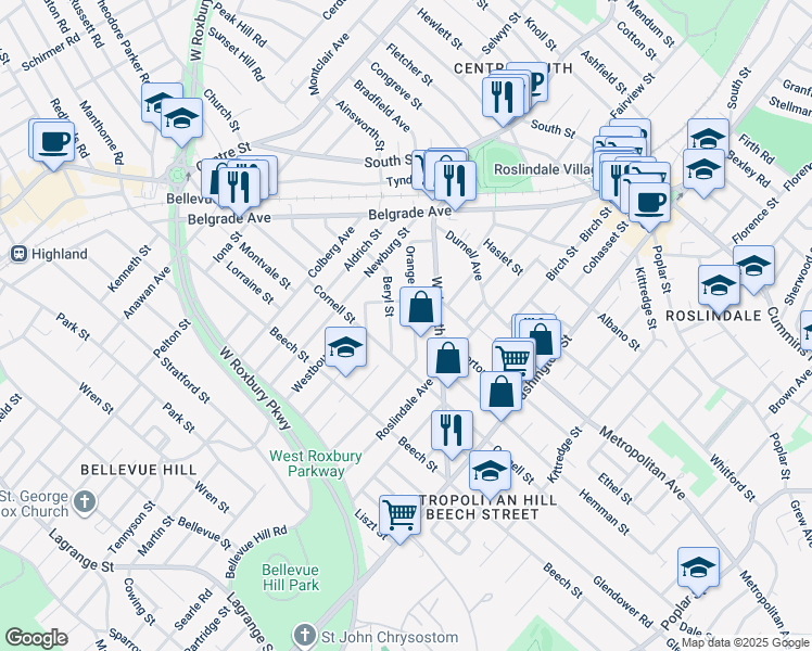 map of restaurants, bars, coffee shops, grocery stores, and more near 32 Hillock Street in Boston