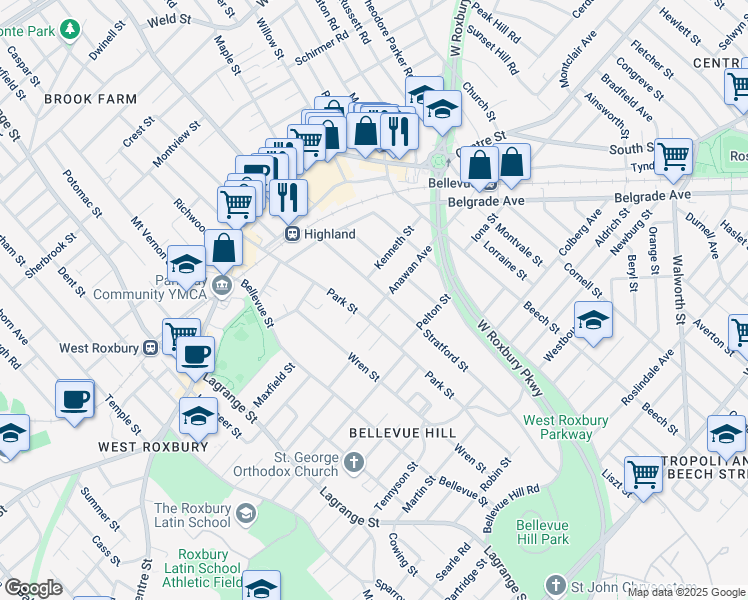 map of restaurants, bars, coffee shops, grocery stores, and more near 63 Stratford Street in Boston