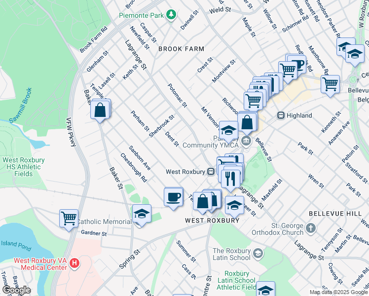 map of restaurants, bars, coffee shops, grocery stores, and more near 93-95 Dent Street in Boston