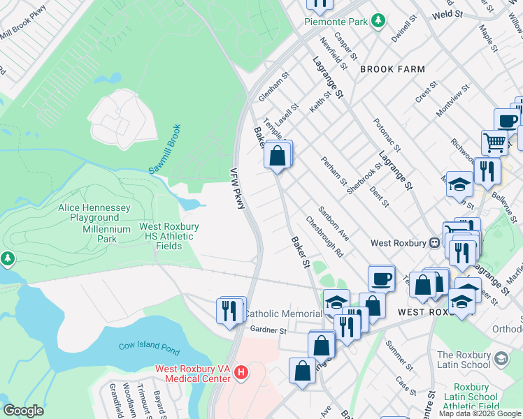 map of restaurants, bars, coffee shops, grocery stores, and more near 20 Durant Street in Boston