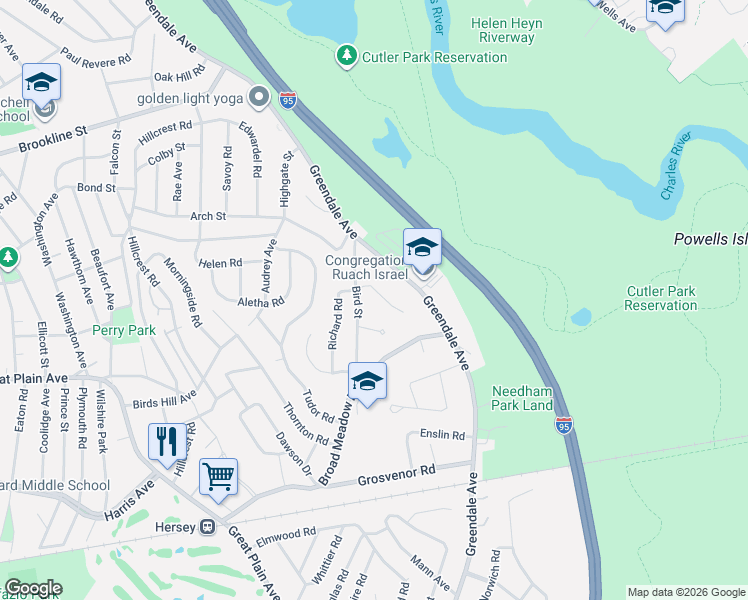 map of restaurants, bars, coffee shops, grocery stores, and more near 16 Petrini Circle in Needham